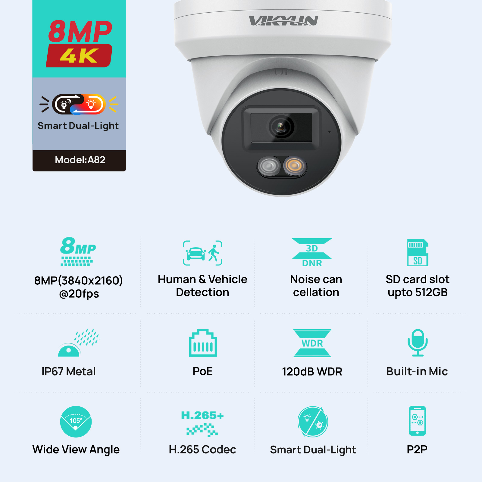 Home Security Lights Outdoors - VIKYLIN 8MP 4K IP Güvenlik Kamerası